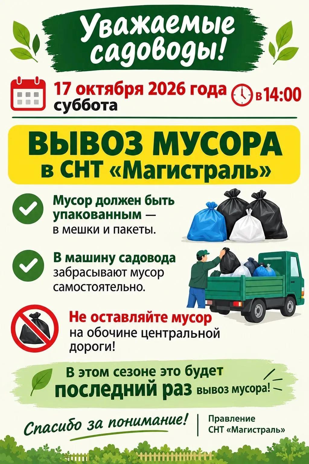 Вывоз мусора 17 октября 2026 года в СНТ Магистраль